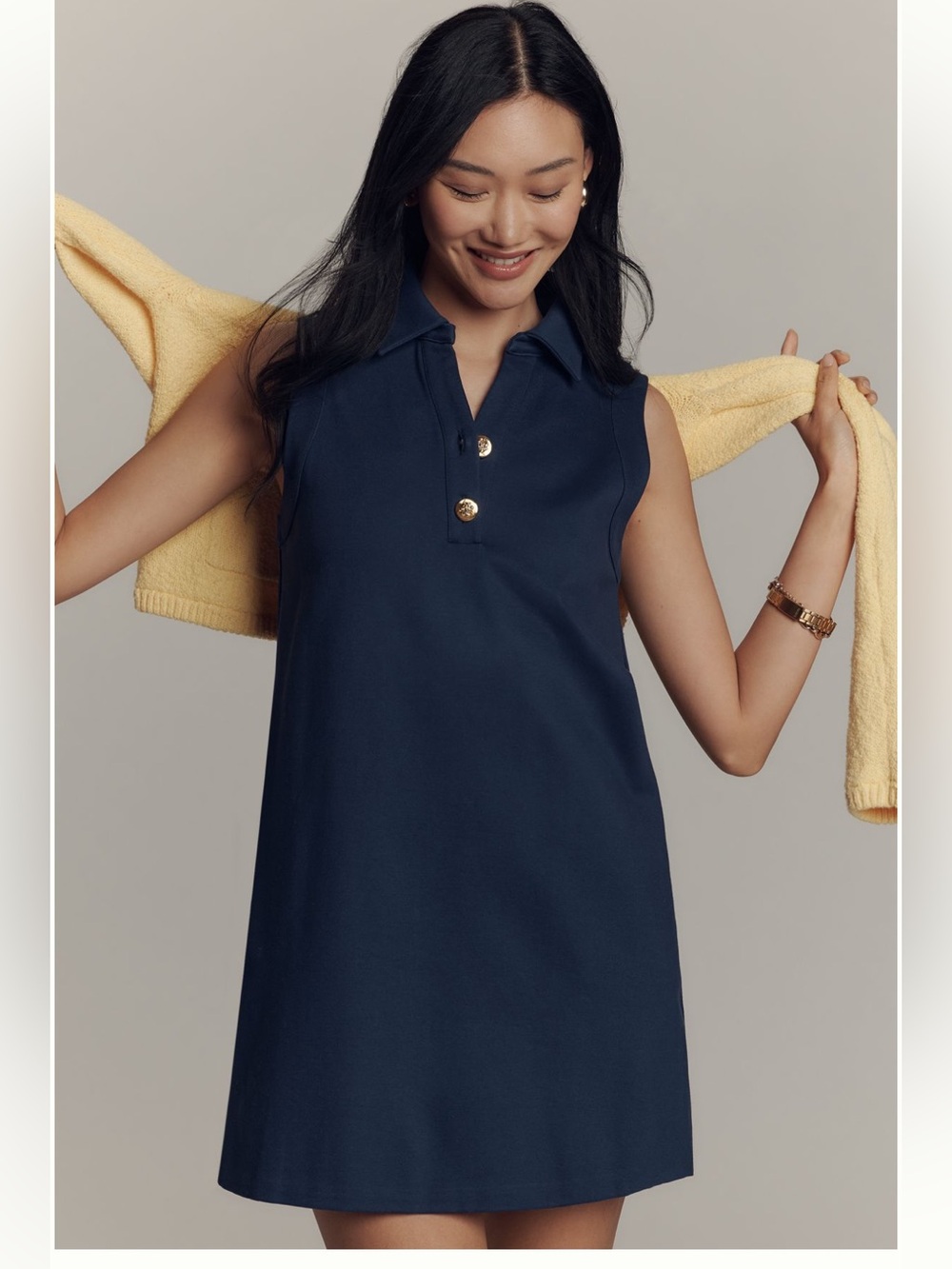 Sleeveless Polo Shift Dress in Navy with Gold Buttons